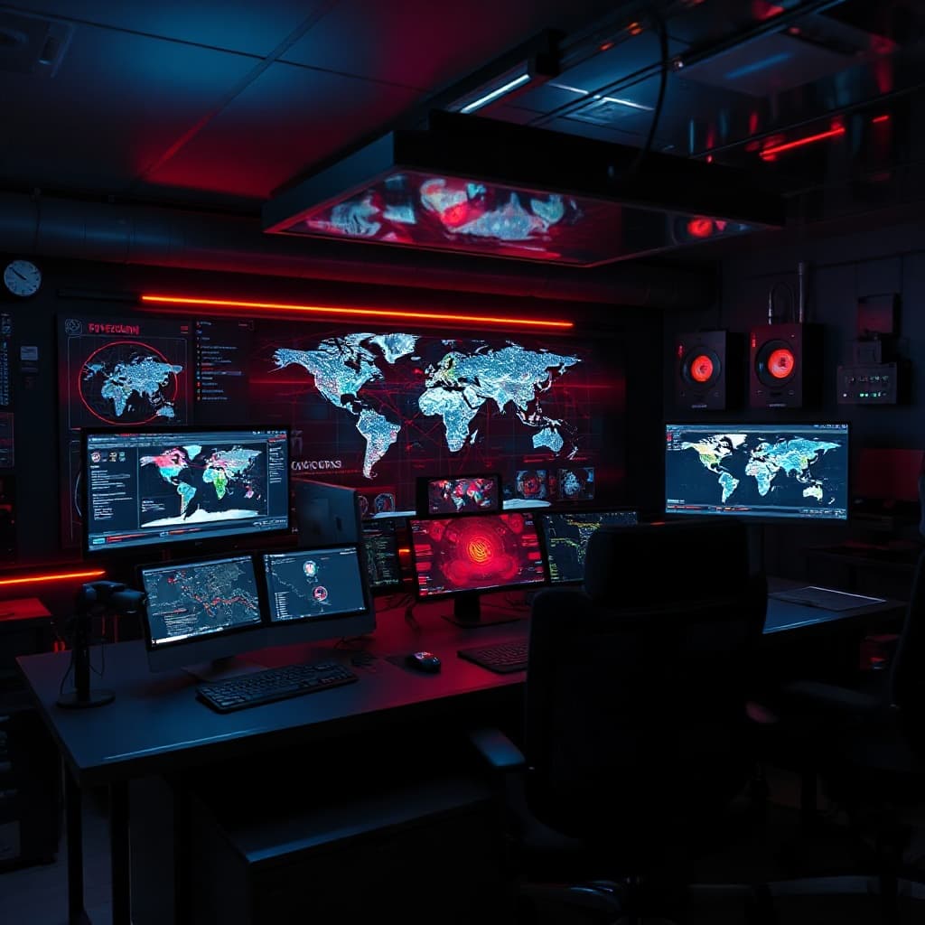 Cyber operations centre with threat maps on multiple monitors