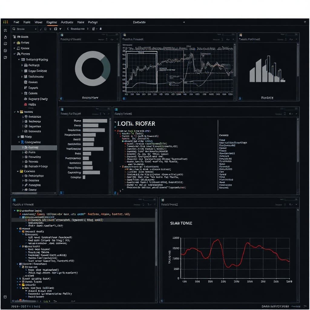 Dark-mode software architecture dashboard with code editor and blueprint wireframes