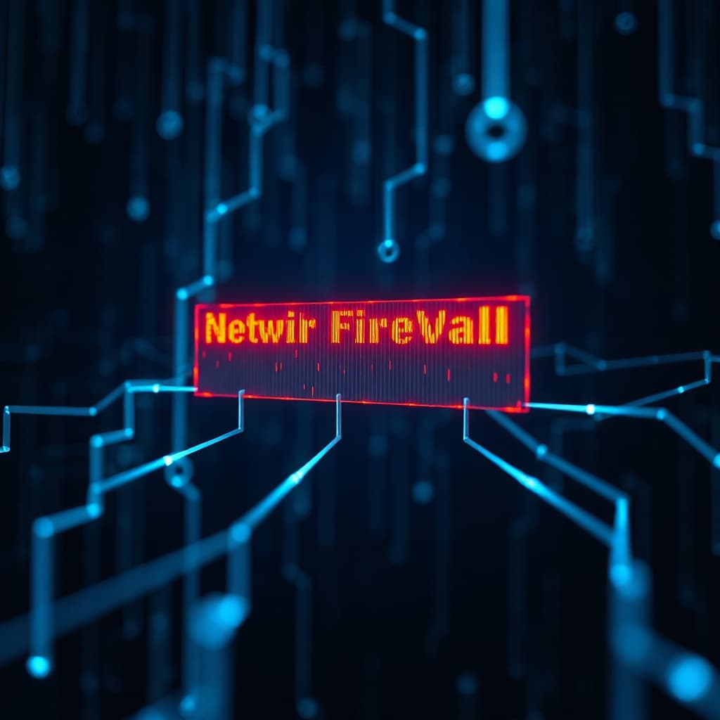 Network firewall visualisation with glowing barriers and blue data streams